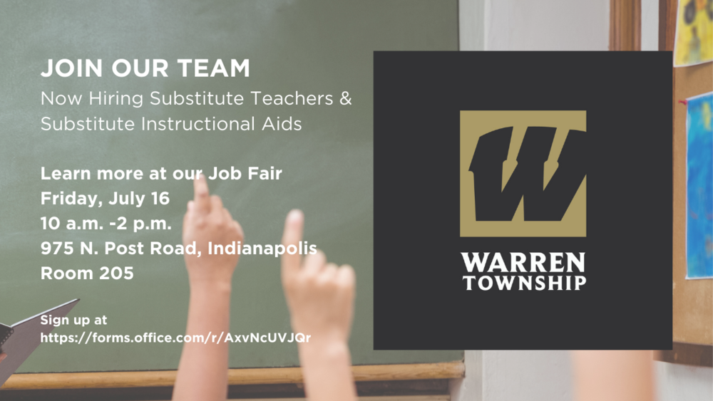 Now Hiring Substitute teachers and Instructional aids! Learn more at our Job Fair Friday, July 16, 2021 10 a.m.- 2 p.m., 975 N. Post Road. Sign up at Looking for a flexible work opportunity? Want to make a difference in your community? Become a substitute teacher or substitute instructional aid! Join our job fair this Fri., July 16, from 10 a.m. - 2 p.m. at 975 N. Post Road. Register at https://forms.office.com/r/AxvNcUVJQr