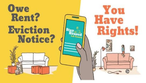 Illustration of living room setting with text that reads Owe Rent? Eviction Notice? You Have Rights!