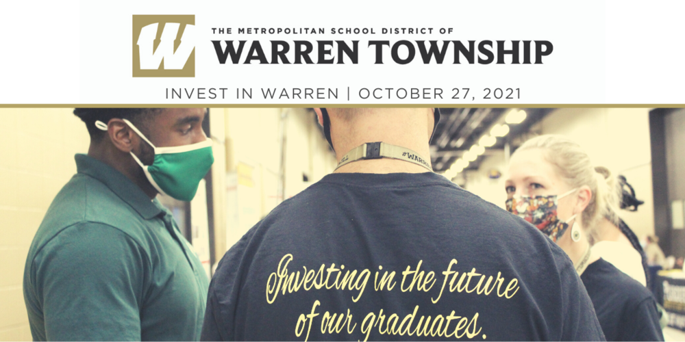 MSD of Warren Township logo with text that reads Invest in Warren October 27, 2021. Photo of staff members talking at SeniorFest event.