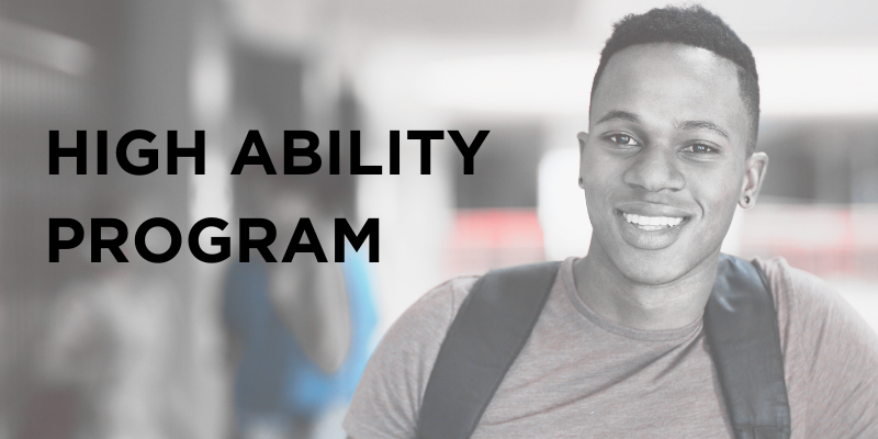 Photo of student with text that reads High Ability Program