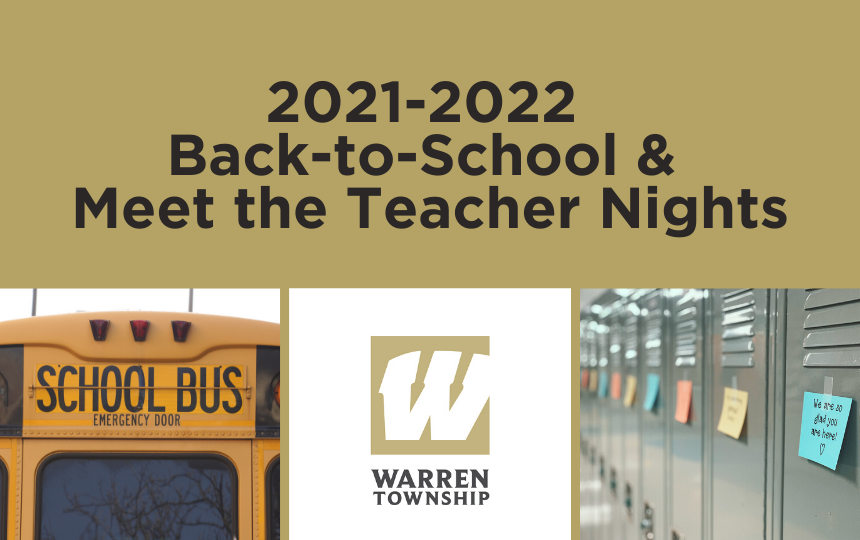 2021-2022 Back-to-School & Meet the Teacher Nights with image of school bus, lockers, and Warren Township logo