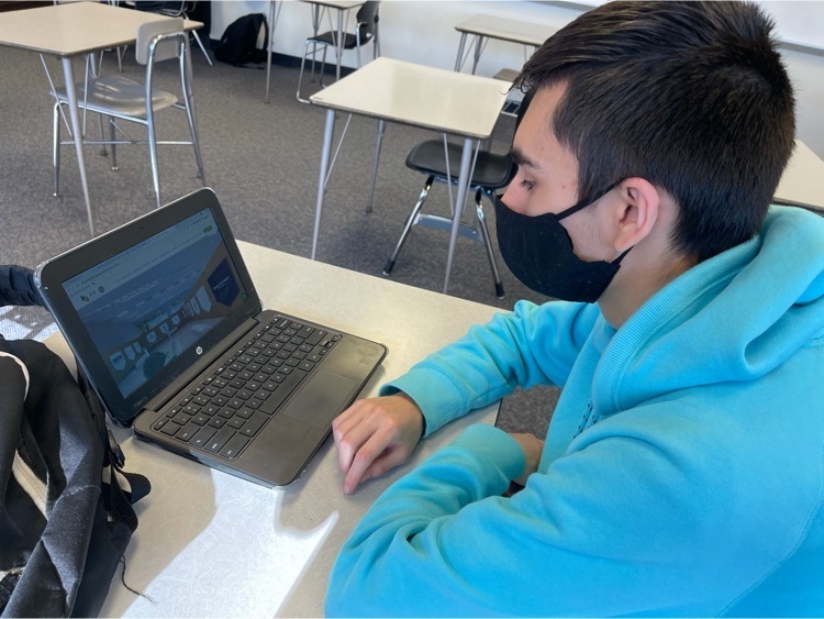 student looks at chrome book