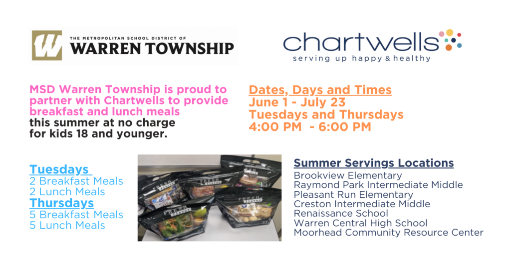 Summer Servings June 1-July 23, Tuesday and Thursday 4-6 p.m. at Brookview Elementary Raymond Park Intermediate Middle Pleasant Run Elementary Creston Intermediate Middle Renaissance School Warren Central High School Moorhead Community Resource Center