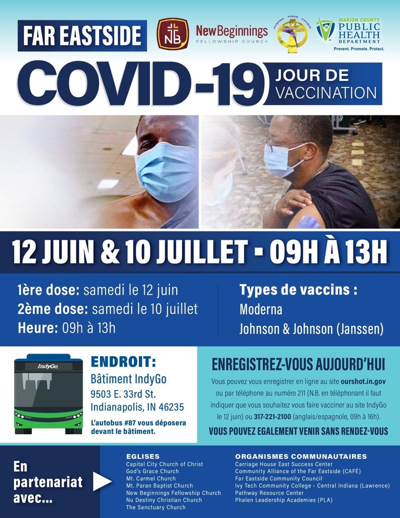COVID-19 Jour De Vaccination 12 Juin & 10 Juillet 09H a 13H at Batiment IndyGo 9503 E. 33rd Street, Indianapolis.