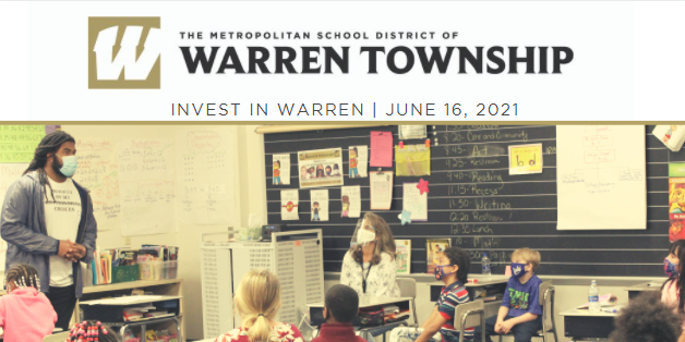 Warren Township Logo; Text reads Invest in Warren June 16, 2021; image of Warren Alum Sheldon Day speaking to classroom at Eastridge Elementary