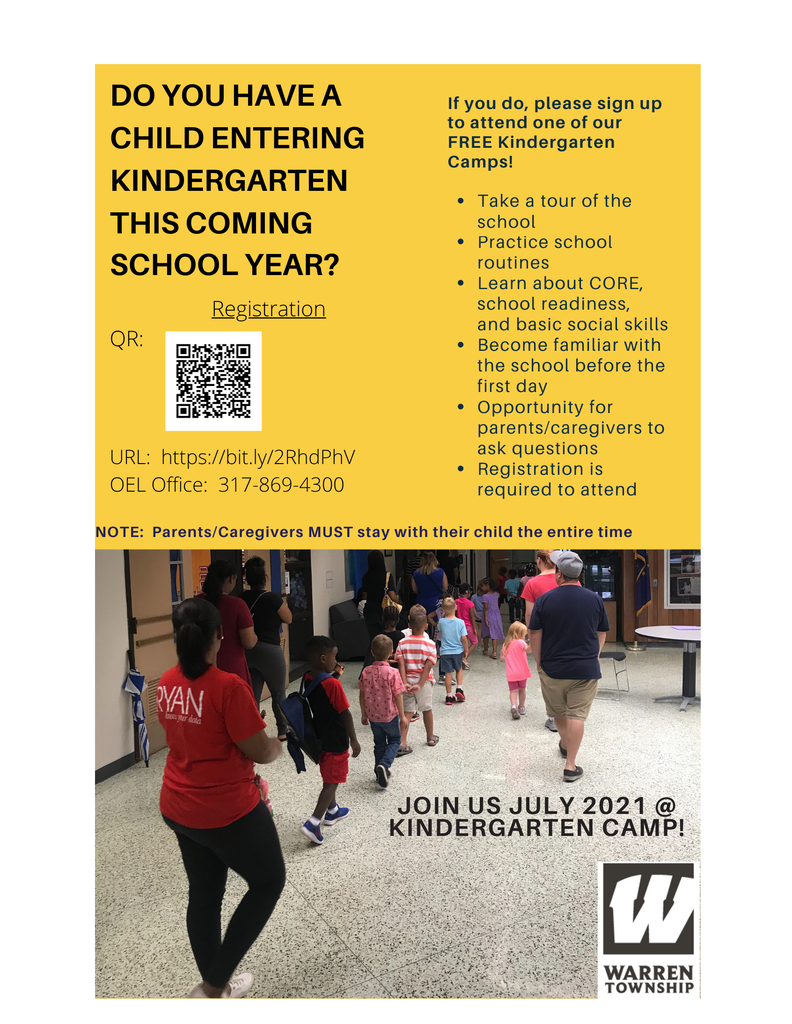 Do you have a child entering Kindergarten this coming school year? If so, please sing up to attend one of our free kindergarten campls! Take a tour of the school, practice school routines, and more. Registration to attend is required. Visit https://bit.ly/2RhdPhV