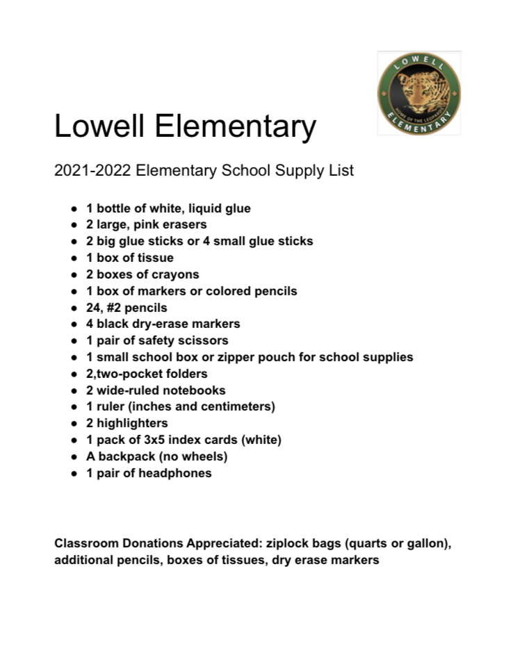 School Supply List 2021-2022