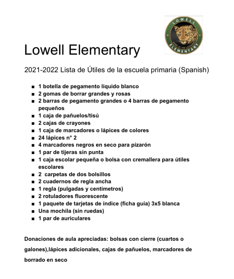 School Supply List 2021-2022