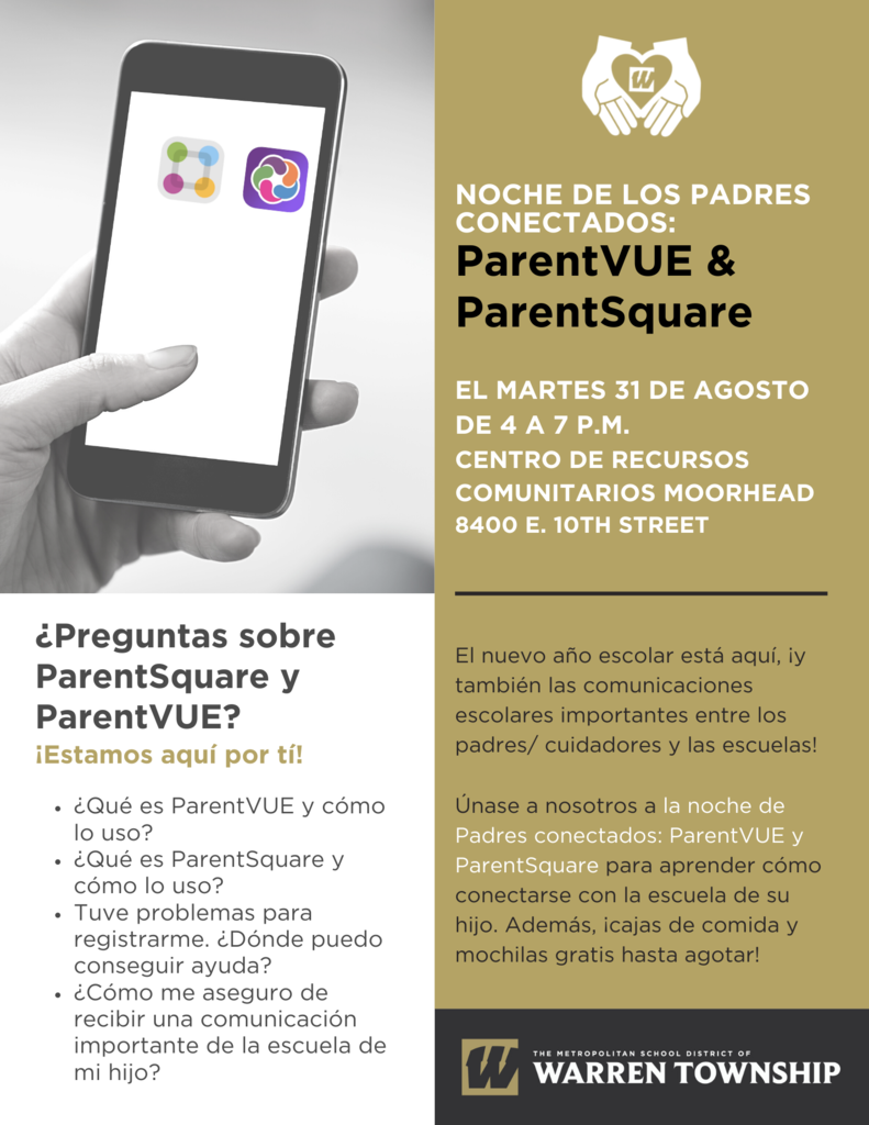 Noche de los padres conectados: ParentVUE & ParentSquare El Martes 31 de Agosto de 4 a 7 p.m. centro de recursos comunicatarios moorhead