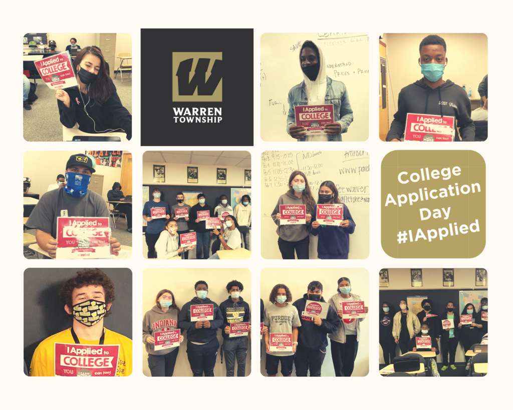 MSD of Warren Township logo with photos of students holding signs that read 'I applied to College" 