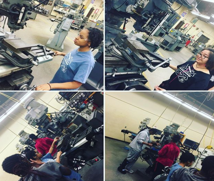 Women in working in the machine shop.